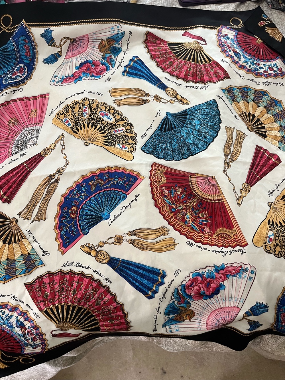 Avon Fans of the World Silk Fan-Print Scarf in Cream, Blue, Red & Gold